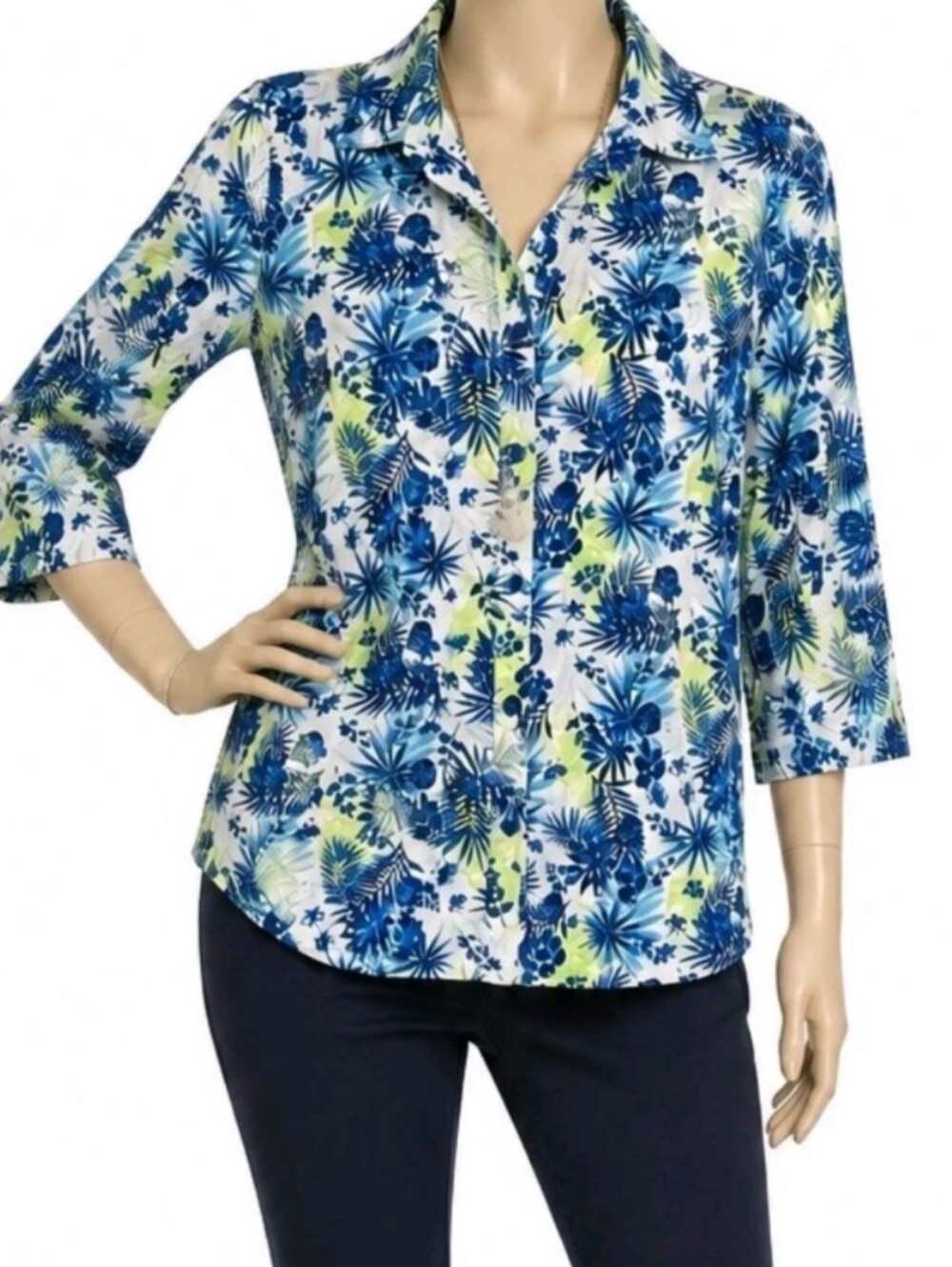 Breckenridge M Blue Cotton Tropical Floral Button Up 3/4 Sleeve Blouse Resort